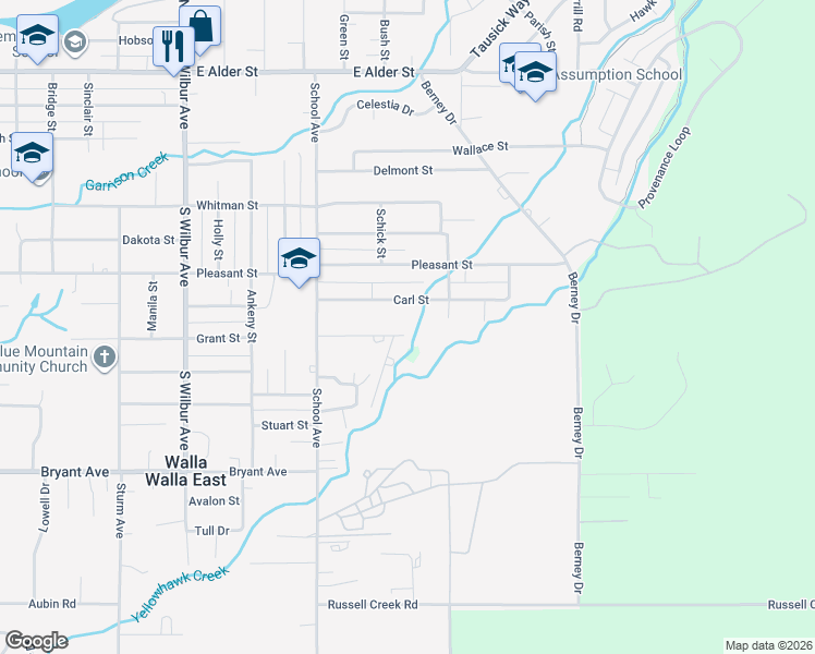 map of restaurants, bars, coffee shops, grocery stores, and more near 1920 Oconner Lane in Walla Walla