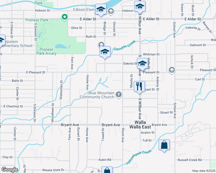 map of restaurants, bars, coffee shops, grocery stores, and more near 1231 Grant Street in Walla Walla