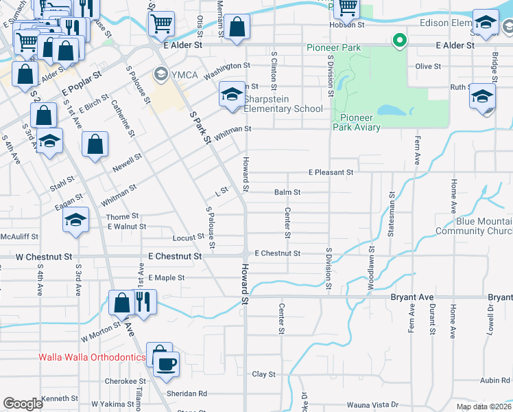 map of restaurants, bars, coffee shops, grocery stores, and more near 511 Juniper Street in Walla Walla