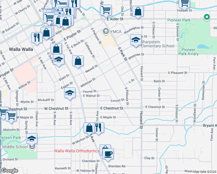 map of restaurants, bars, coffee shops, grocery stores, and more near 155 Thorne Street in Walla Walla