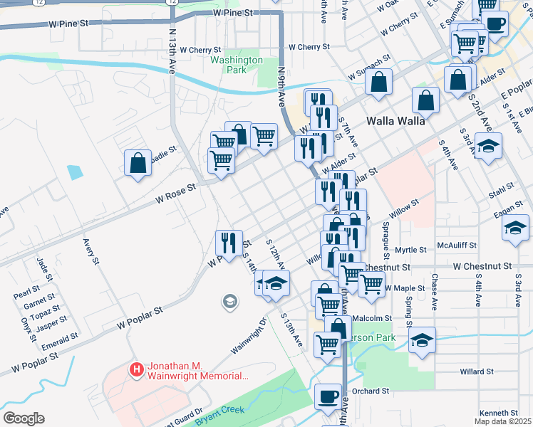 map of restaurants, bars, coffee shops, grocery stores, and more near 927 West Alder Street in Walla Walla