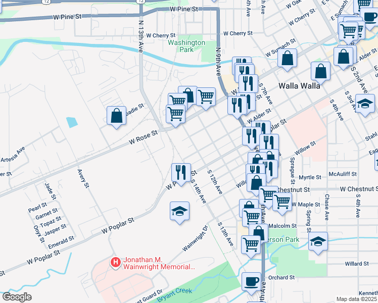 map of restaurants, bars, coffee shops, grocery stores, and more near 1022 West Alder Street in Walla Walla