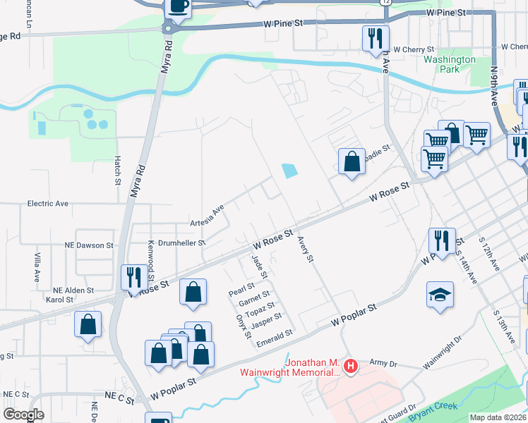 map of restaurants, bars, coffee shops, grocery stores, and more near 224 Bennett Street in Walla Walla