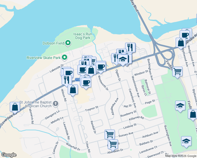 map of restaurants, bars, coffee shops, grocery stores, and more near 710 B Coverdale Road in Riverview