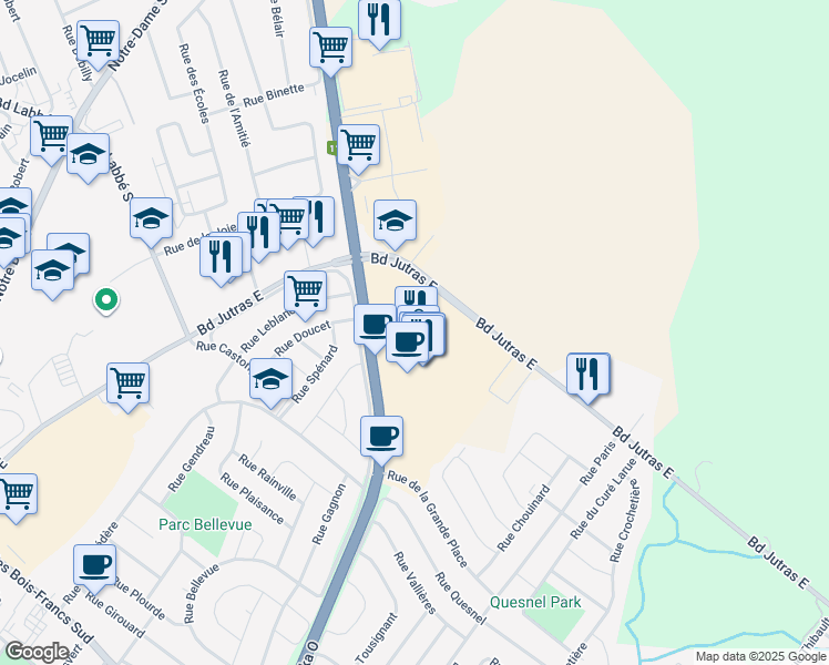 map of restaurants, bars, coffee shops, grocery stores, and more near 1111 Boulevard Jutras Est in Victoriaville