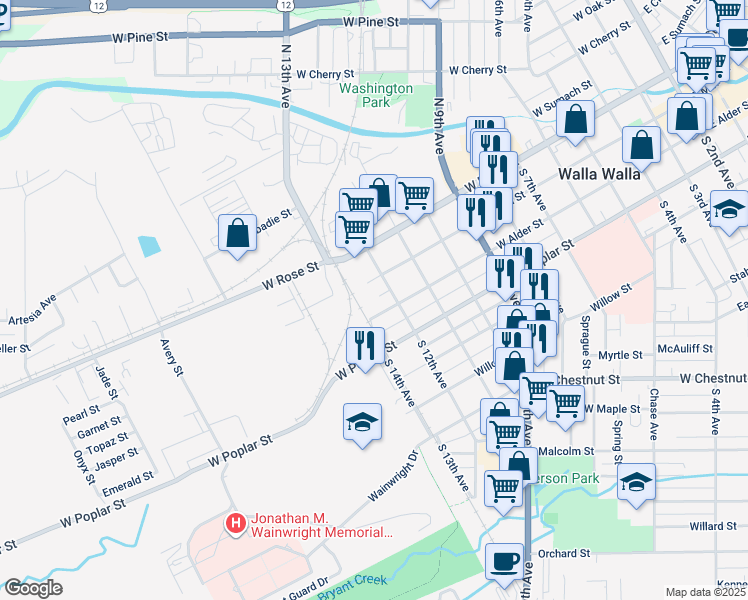map of restaurants, bars, coffee shops, grocery stores, and more near 1022 West Alder Street in Walla Walla