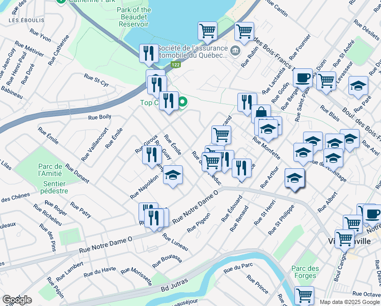 map of restaurants, bars, coffee shops, grocery stores, and more near 32 Rue de L'aqueduc in Victoriaville