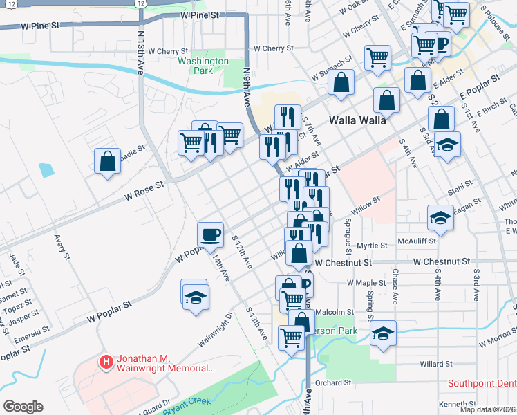 map of restaurants, bars, coffee shops, grocery stores, and more near 801 West Poplar Street in Walla Walla