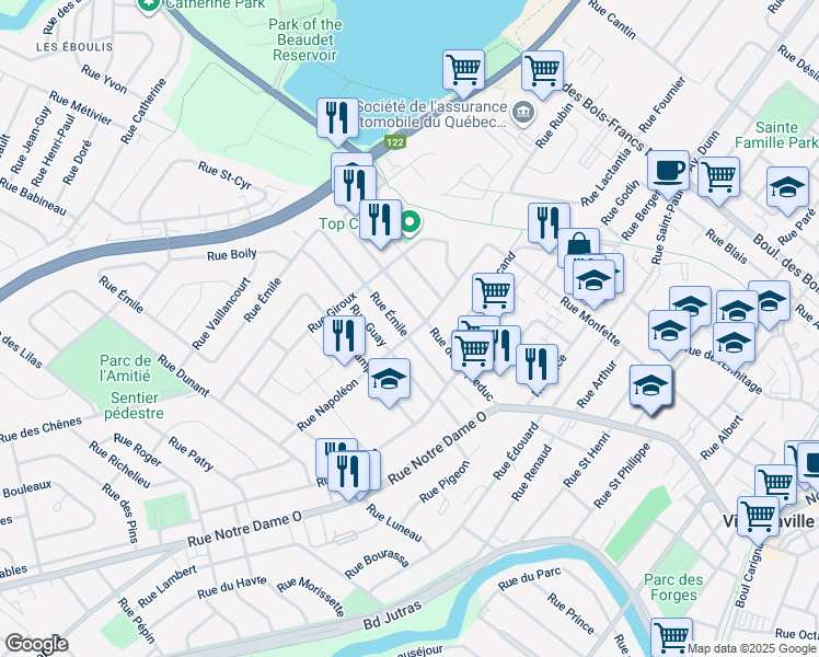 map of restaurants, bars, coffee shops, grocery stores, and more near 149 Rue Émile in Victoriaville