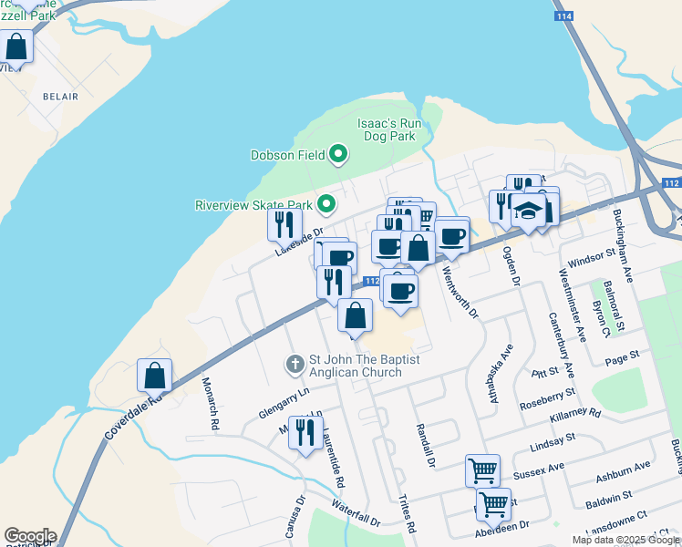 map of restaurants, bars, coffee shops, grocery stores, and more near in Riverview