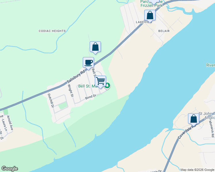 map of restaurants, bars, coffee shops, grocery stores, and more near 26 Alice Avenue in Moncton