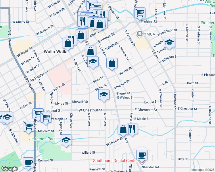 map of restaurants, bars, coffee shops, grocery stores, and more near 526 South 2nd Avenue in Walla Walla