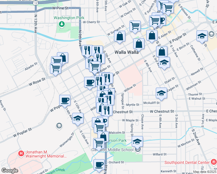 map of restaurants, bars, coffee shops, grocery stores, and more near 613 West Birch Street in Walla Walla