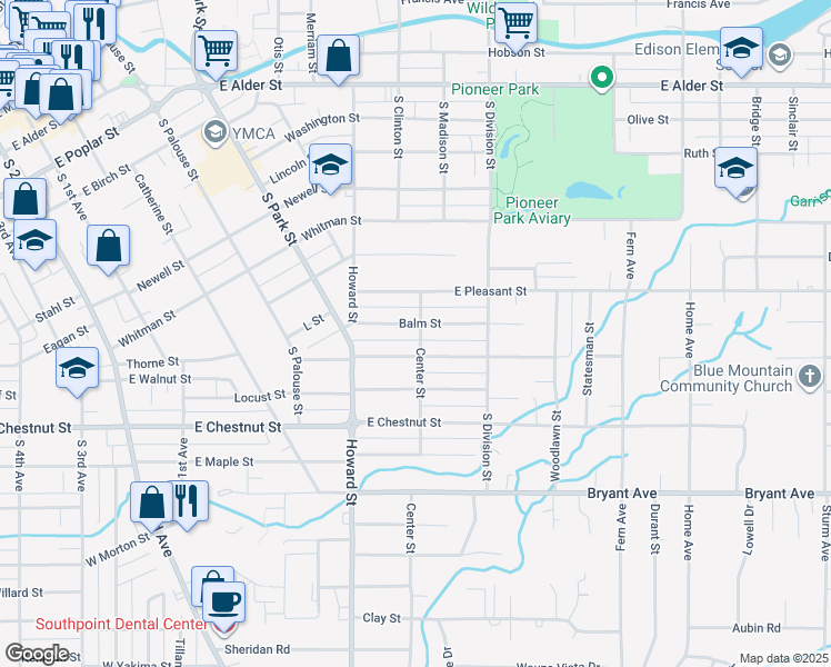 map of restaurants, bars, coffee shops, grocery stores, and more near 555 Juniper Street in Walla Walla