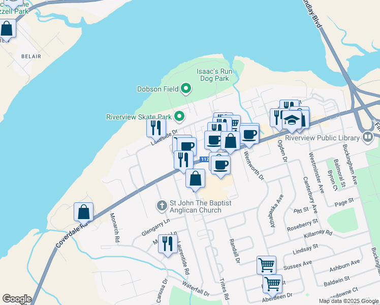 map of restaurants, bars, coffee shops, grocery stores, and more near 747 Coverdale Road in Riverview
