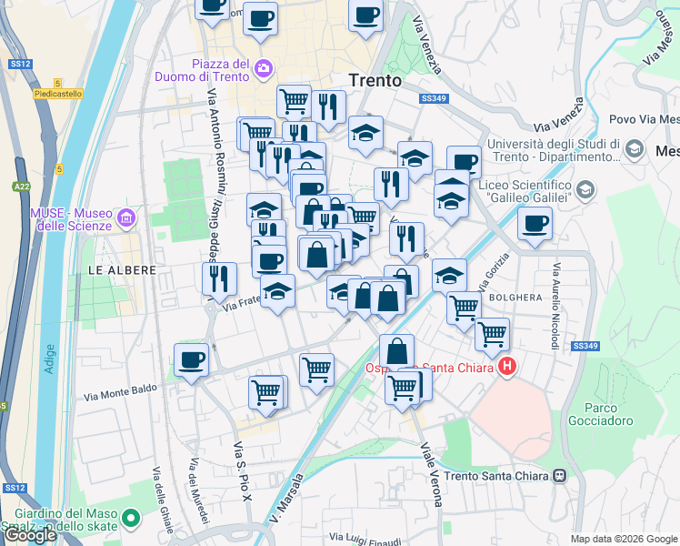 map of restaurants, bars, coffee shops, grocery stores, and more near 3 Via Bartolomeo Malfatti in Trento
