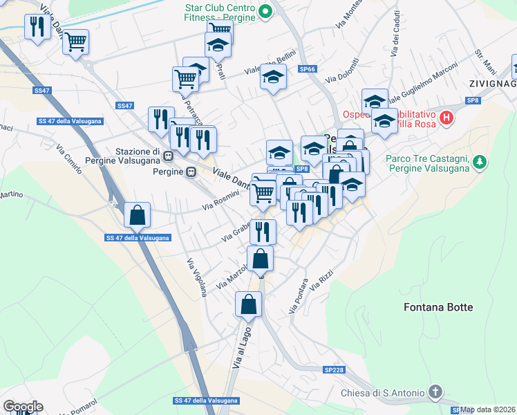 map of restaurants, bars, coffee shops, grocery stores, and more near 24 Viale Venezia in Pergine Valsugana