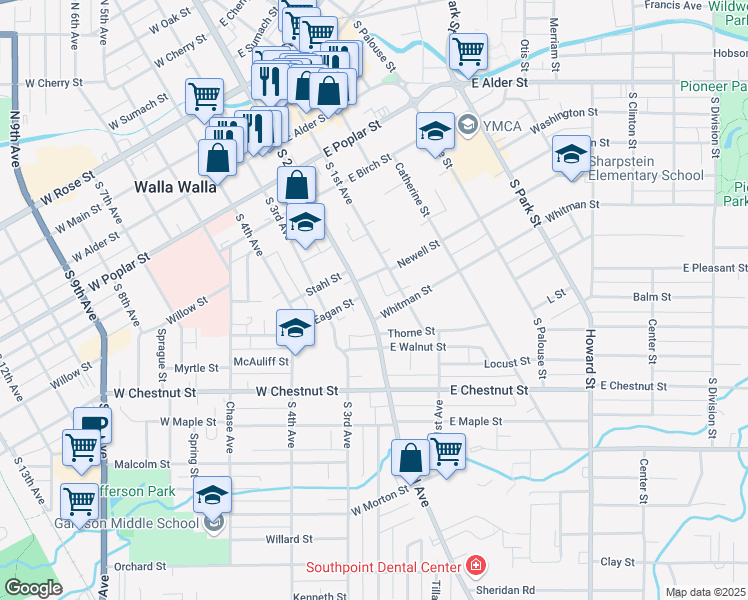 map of restaurants, bars, coffee shops, grocery stores, and more near 526 South 2nd Avenue in Walla Walla