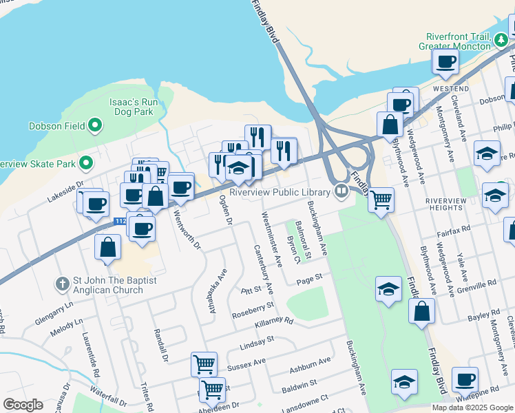 map of restaurants, bars, coffee shops, grocery stores, and more near 203 Westminster Avenue in Riverview