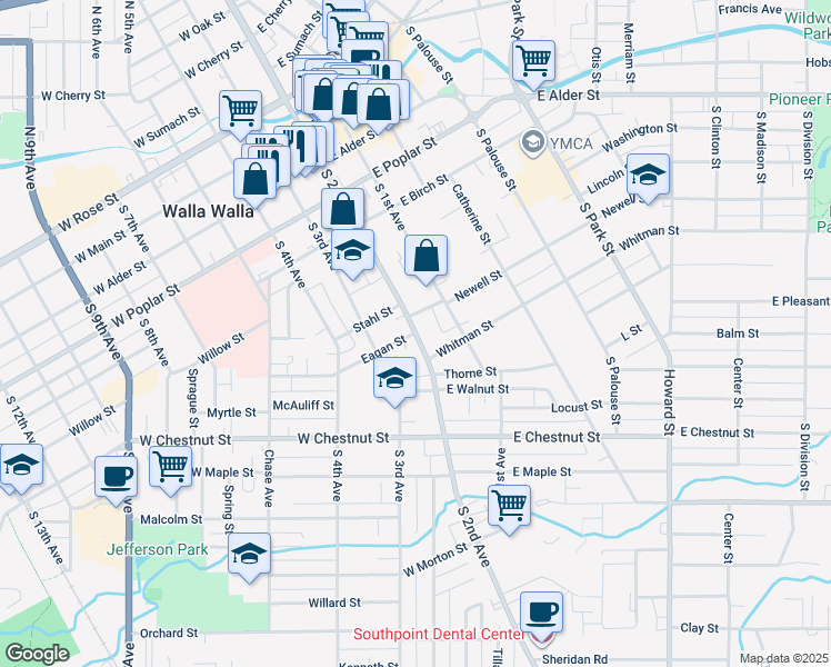 map of restaurants, bars, coffee shops, grocery stores, and more near S 2nd Ave & Eagan St in Walla Walla