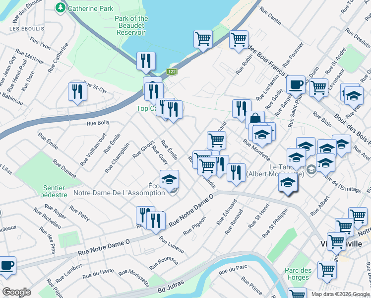 map of restaurants, bars, coffee shops, grocery stores, and more near 29 Rue de l'Aqueduc in Victoriaville
