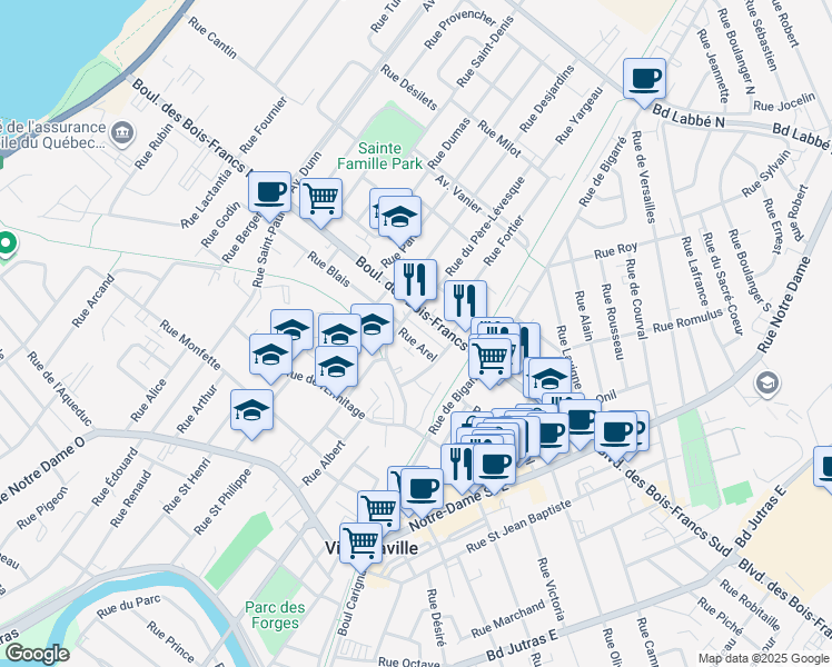map of restaurants, bars, coffee shops, grocery stores, and more near 201 Rue Arel in Victoriaville