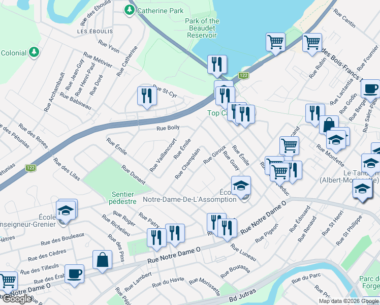 map of restaurants, bars, coffee shops, grocery stores, and more near 99 Rue Champlain in Victoriaville