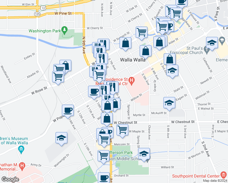 map of restaurants, bars, coffee shops, grocery stores, and more near 208 South 8th Avenue in Walla Walla