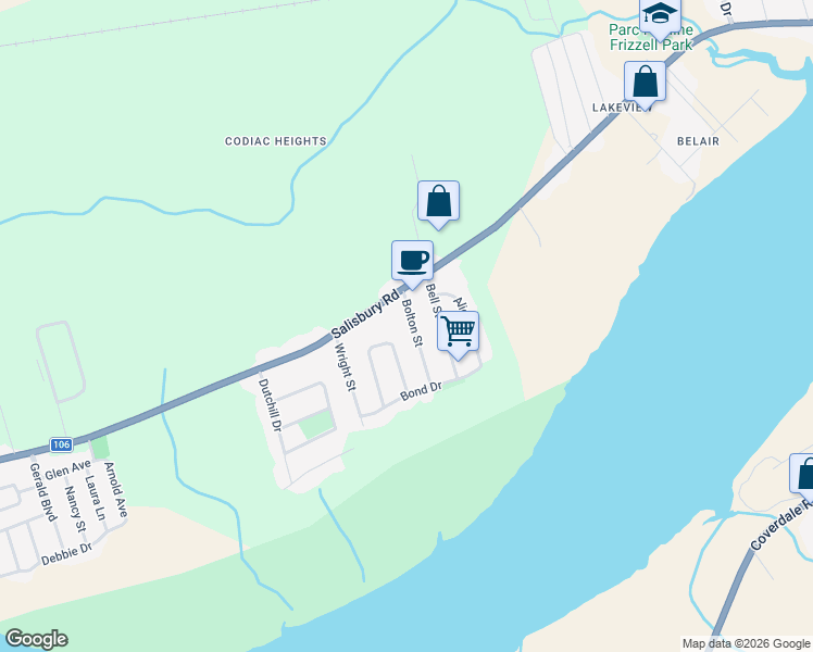 map of restaurants, bars, coffee shops, grocery stores, and more near 16 Bolton Street in Moncton