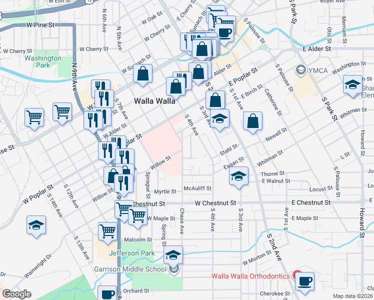 map of restaurants, bars, coffee shops, grocery stores, and more near 320 Willow Street in Walla Walla