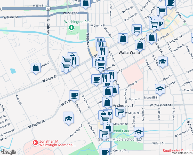 map of restaurants, bars, coffee shops, grocery stores, and more near 721 West Alder Street in Walla Walla
