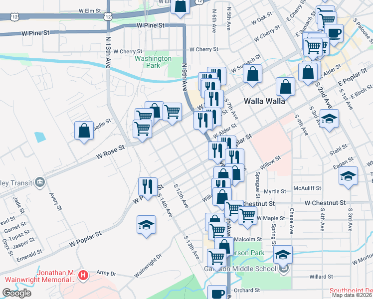 map of restaurants, bars, coffee shops, grocery stores, and more near 811 West Main Street in Walla Walla