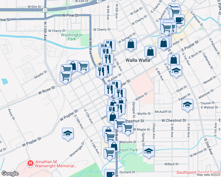 map of restaurants, bars, coffee shops, grocery stores, and more near 621 West Alder Street in Walla Walla