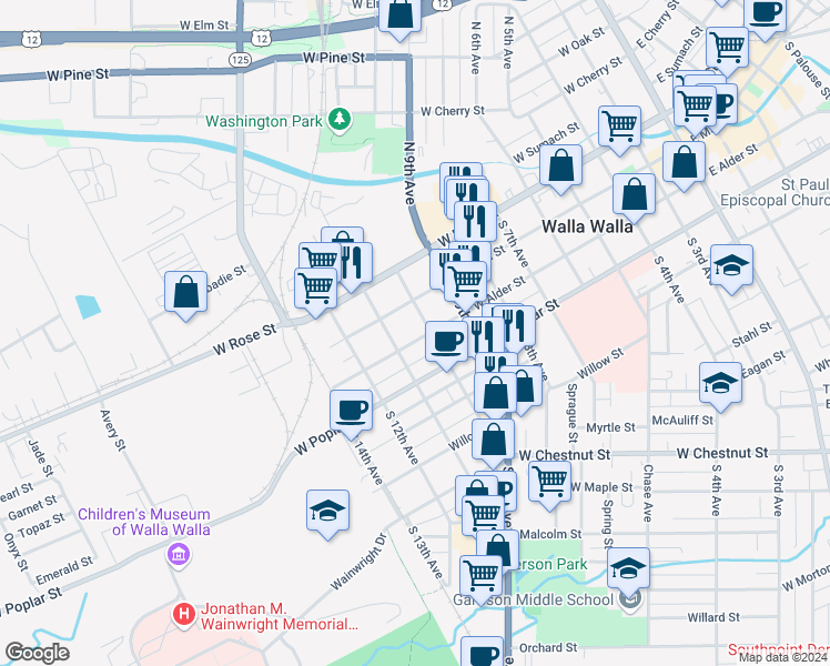map of restaurants, bars, coffee shops, grocery stores, and more near 808 West Alder Street in Walla Walla