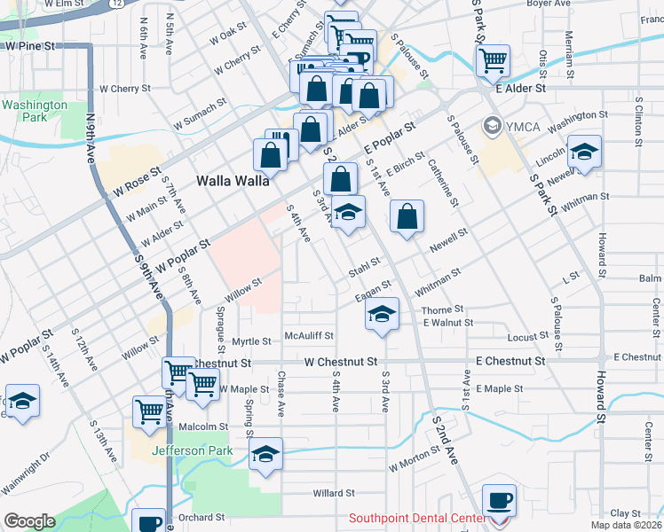 map of restaurants, bars, coffee shops, grocery stores, and more near 356 South 3rd Avenue in Walla Walla