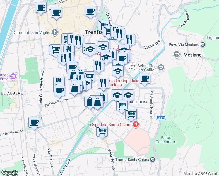 map of restaurants, bars, coffee shops, grocery stores, and more near 14 Via dei Mille in Trento