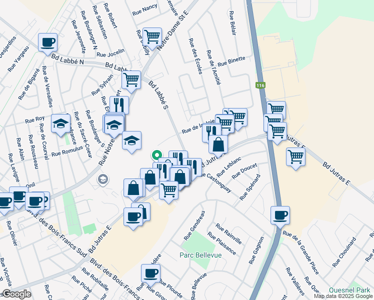 map of restaurants, bars, coffee shops, grocery stores, and more near 80 Boul. A in Victoriaville
