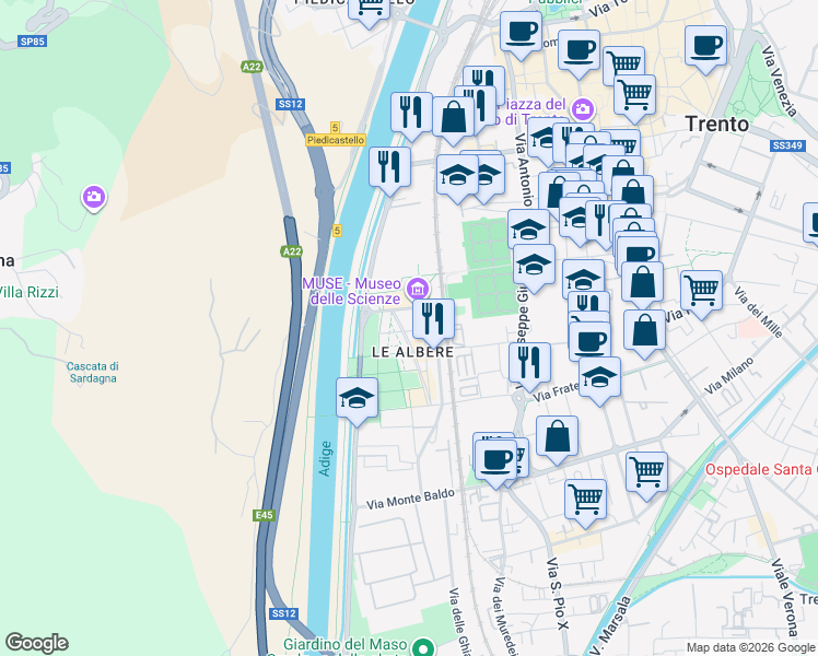 map of restaurants, bars, coffee shops, grocery stores, and more near 113 Viale della Costituzione in Trento
