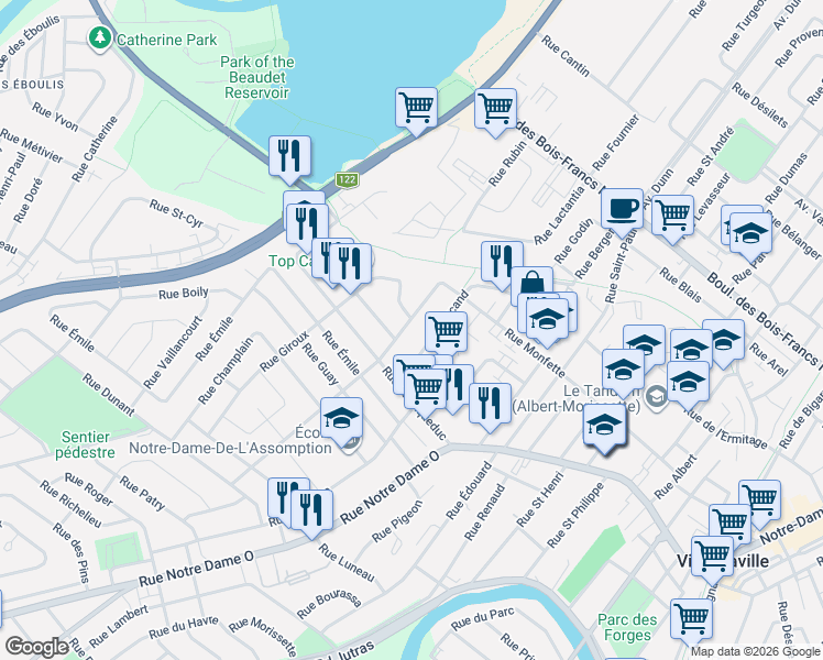map of restaurants, bars, coffee shops, grocery stores, and more near 23 Rue Lanouette in Victoriaville