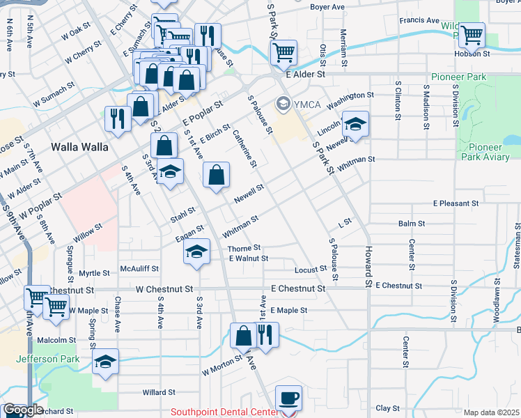 map of restaurants, bars, coffee shops, grocery stores, and more near 135 Whitman Street in Walla Walla
