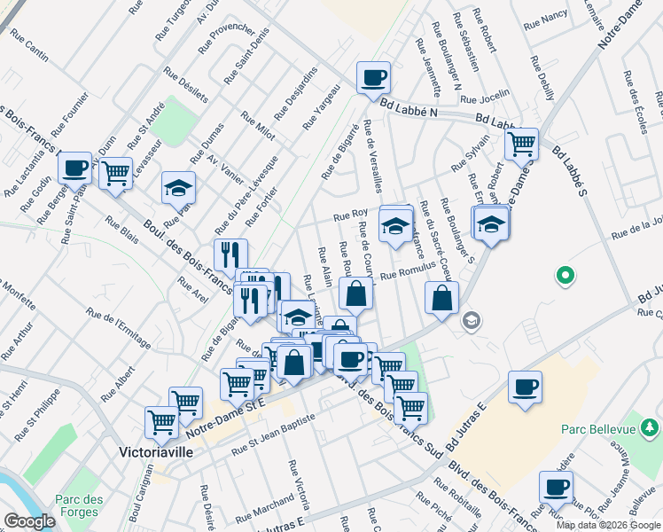 map of restaurants, bars, coffee shops, grocery stores, and more near 28 Rue Alain in Victoriaville