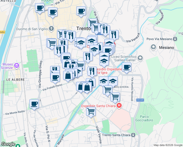 map of restaurants, bars, coffee shops, grocery stores, and more near 14 Via dei Mille in Trento