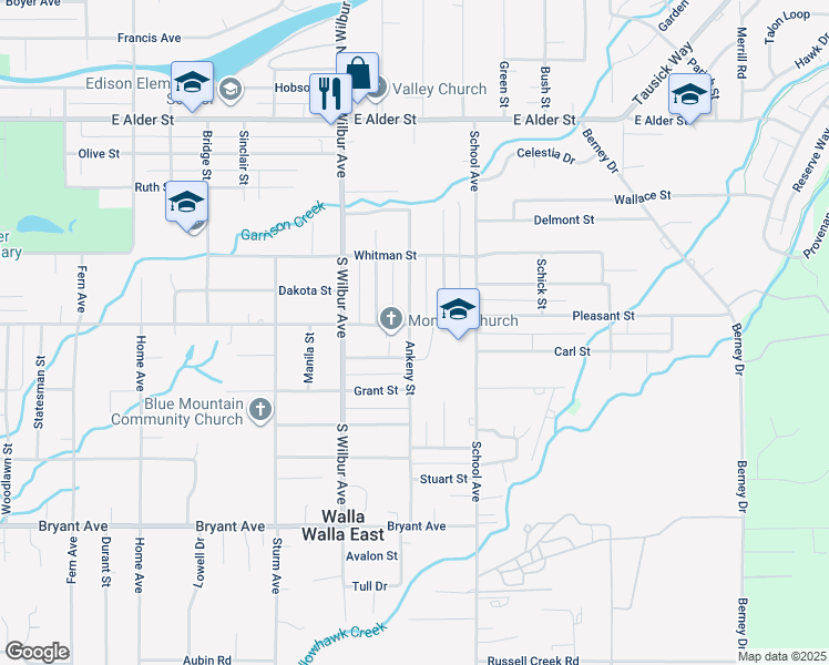map of restaurants, bars, coffee shops, grocery stores, and more near 1604 Pleasant Street in Walla Walla