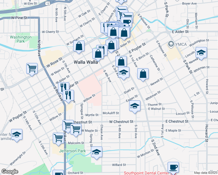map of restaurants, bars, coffee shops, grocery stores, and more near 325 Grape Street in Walla Walla