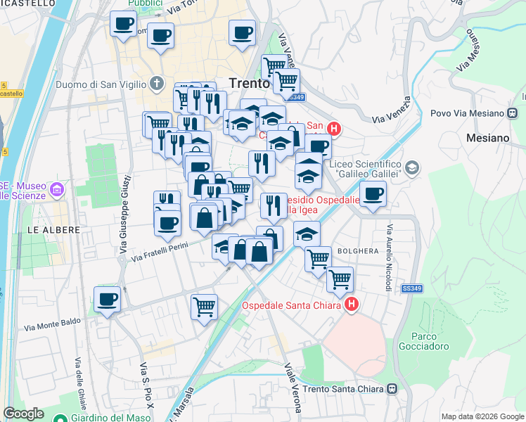 map of restaurants, bars, coffee shops, grocery stores, and more near Via Malta in Trent