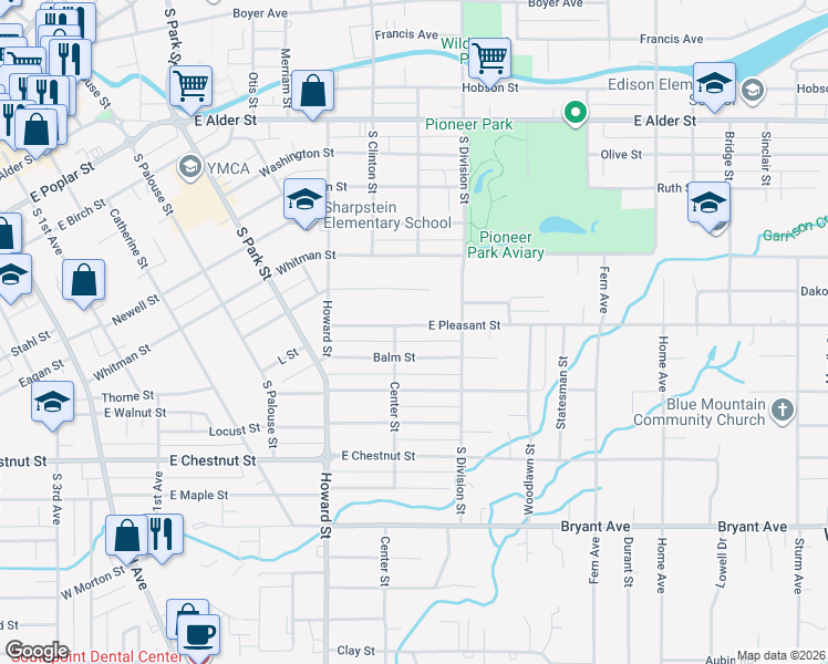 map of restaurants, bars, coffee shops, grocery stores, and more near 614 East Pleasant Street in Walla Walla