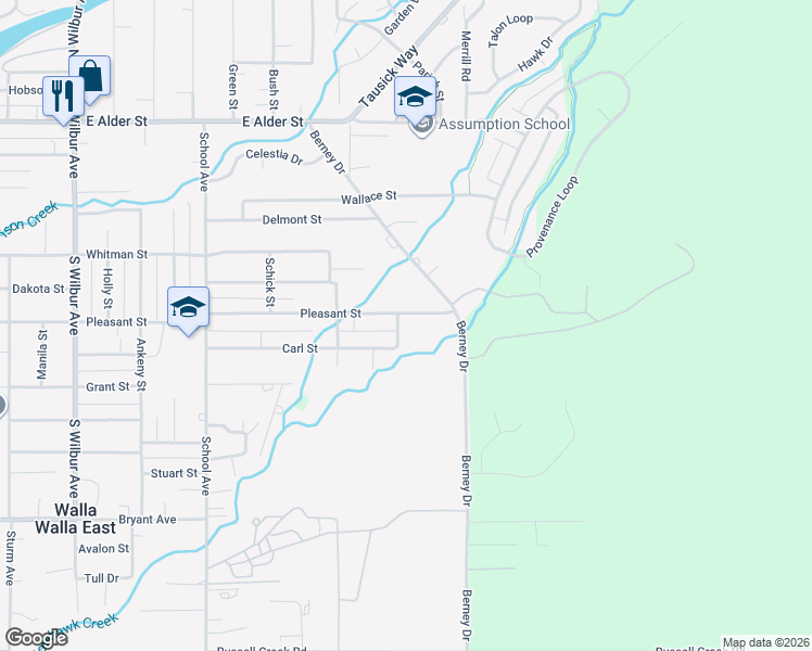 map of restaurants, bars, coffee shops, grocery stores, and more near 715 Gladys Street in Walla Walla