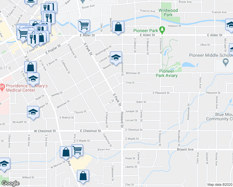 map of restaurants, bars, coffee shops, grocery stores, and more near 623 South Park Street in Walla Walla