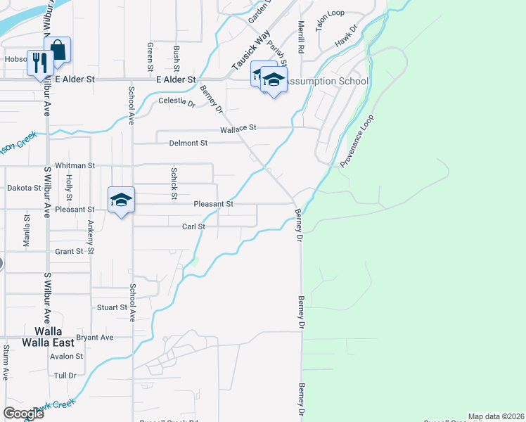 map of restaurants, bars, coffee shops, grocery stores, and more near 715 Gladys Street in Walla Walla