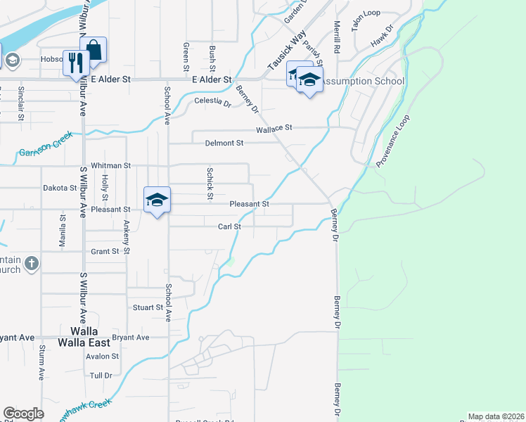 map of restaurants, bars, coffee shops, grocery stores, and more near 2018 Pleasant Street in Walla Walla